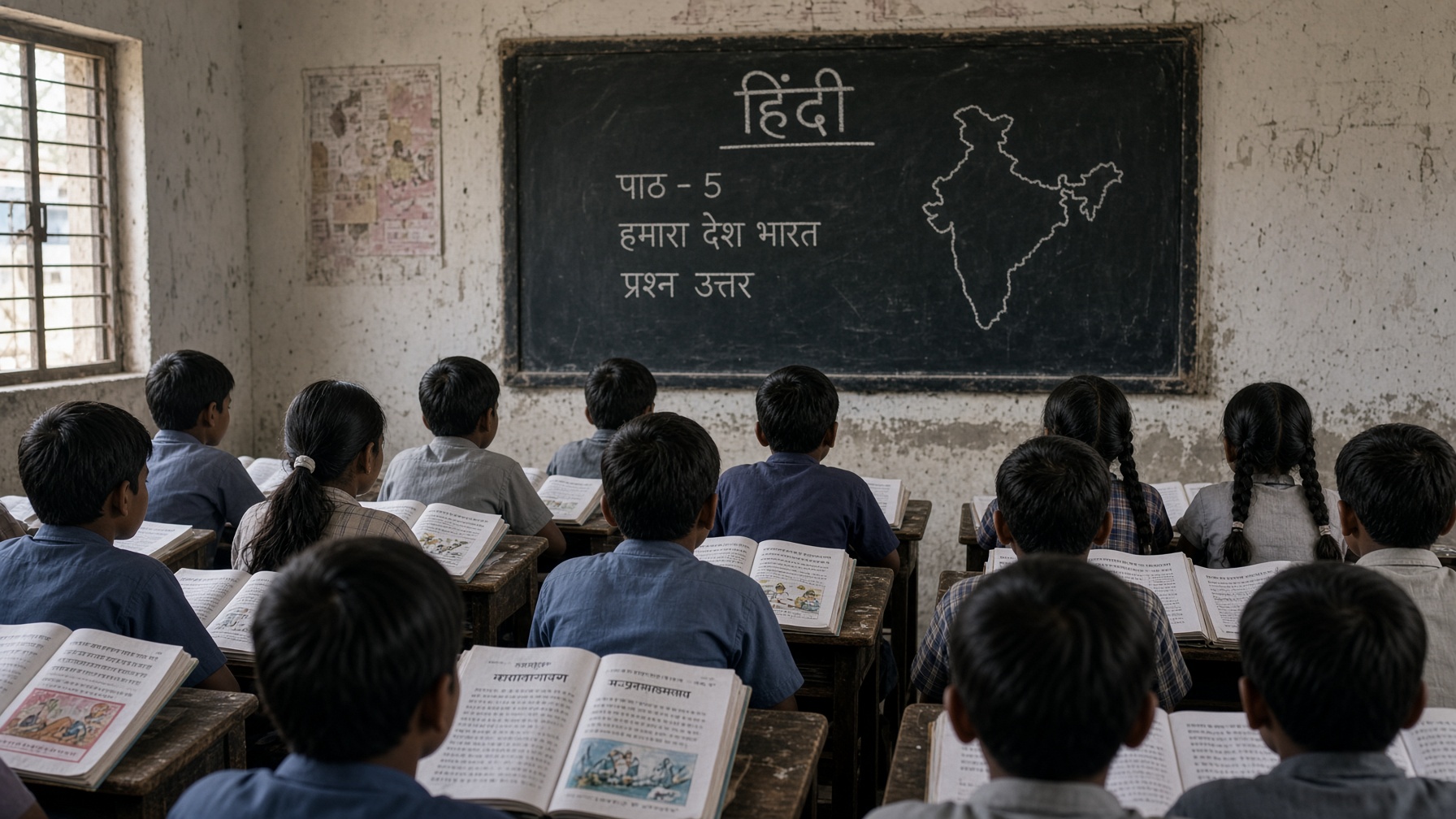 कक्षा में पढ़ाई करते विद्यार्थी।