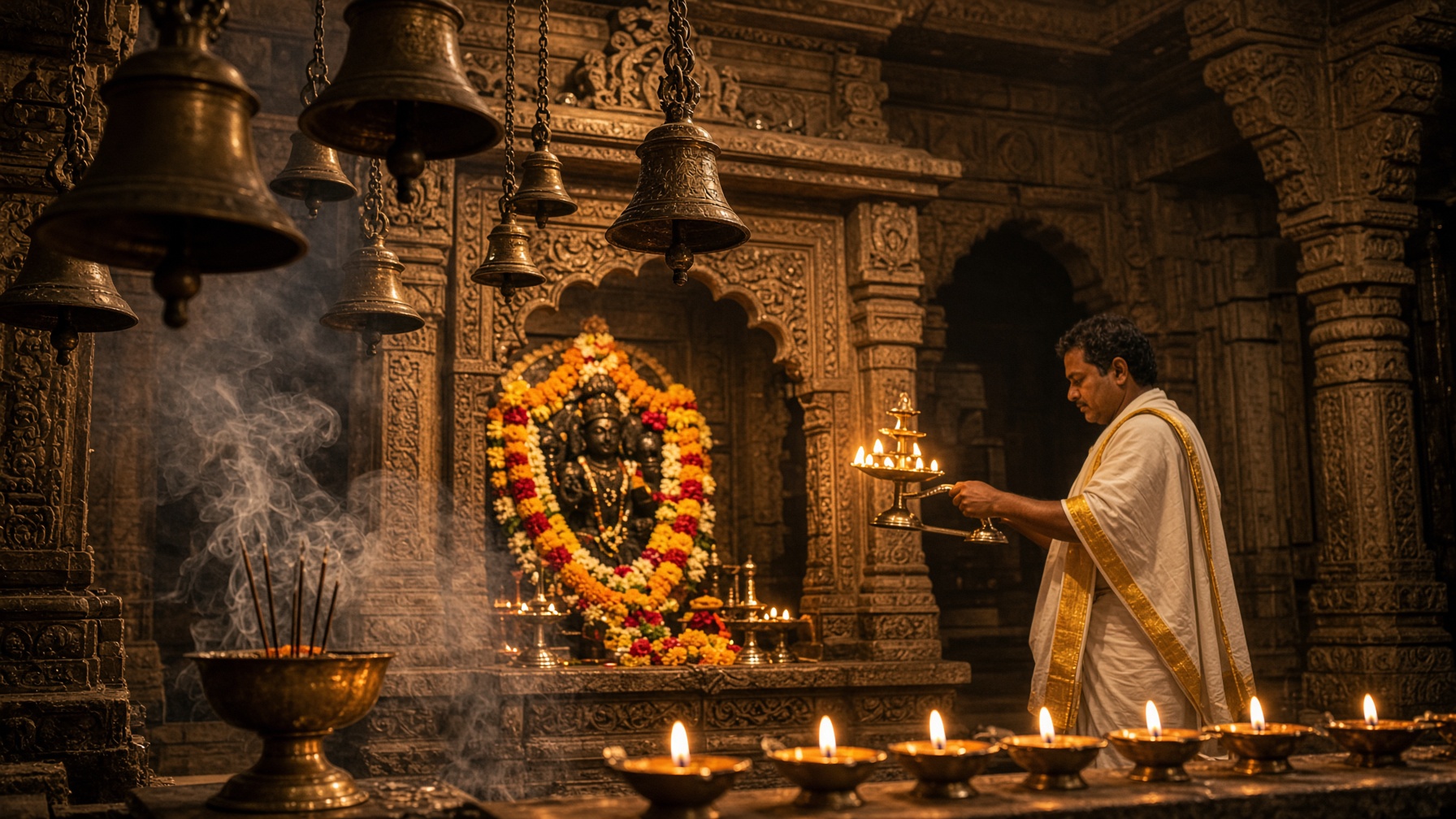 मंदिर परिसर में सुबह की आरती की तैयारी।